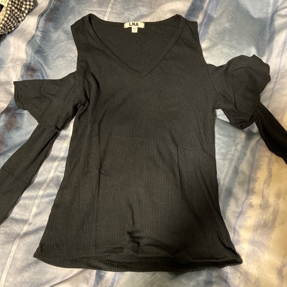 LNA navy blue cold shoulder sweater